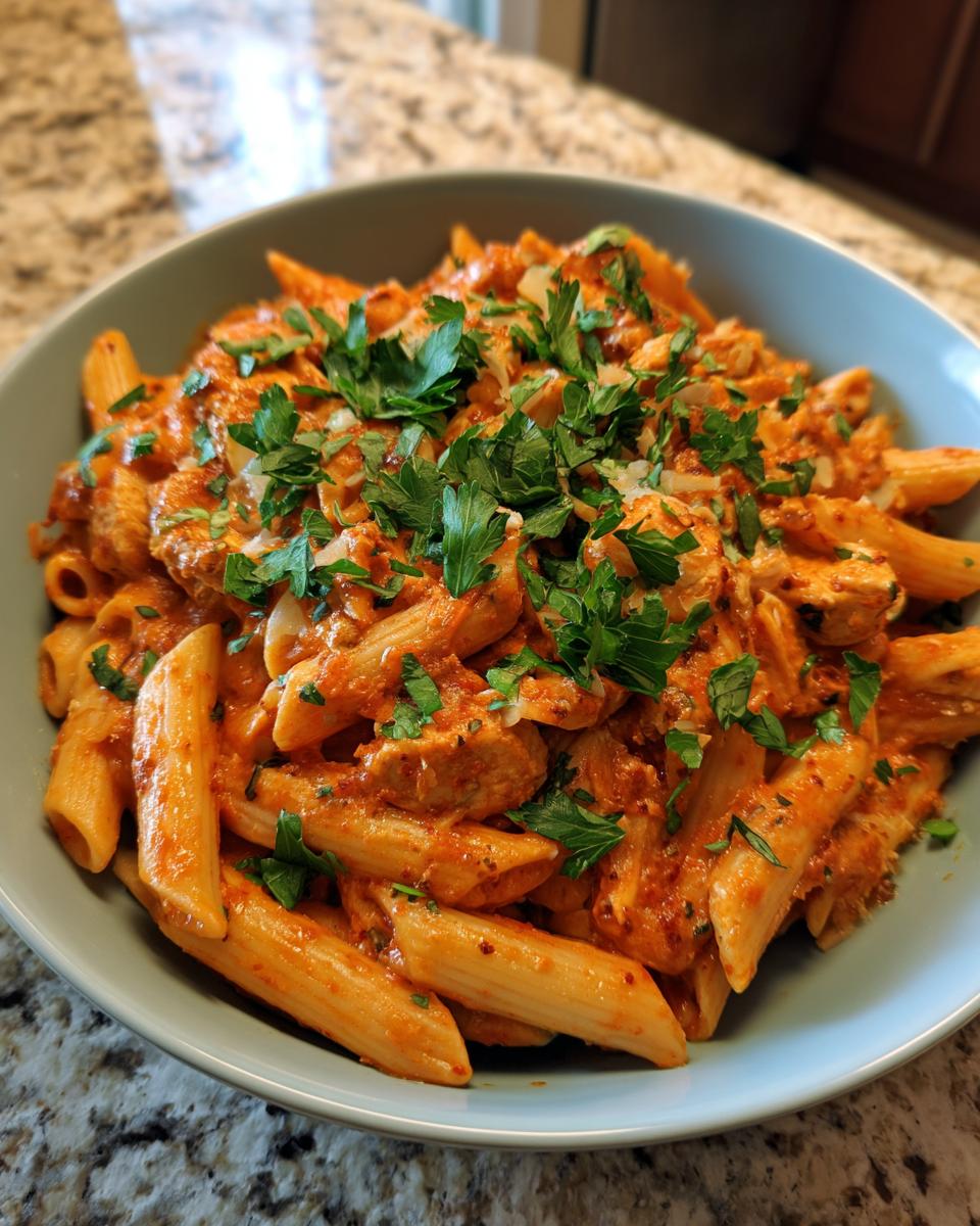 A close-up of a bowl filled with Crock Pot Creamy Cajun Chicken Pasta, garnished with fresh parsley.