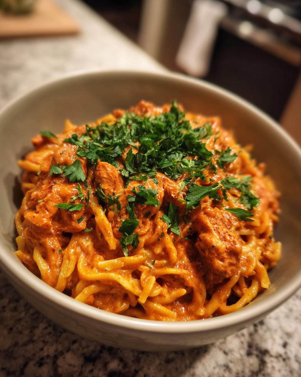 A close-up of Crock Pot Creamy Cajun Chicken Pasta served in a bowl, topped with fresh parsley.