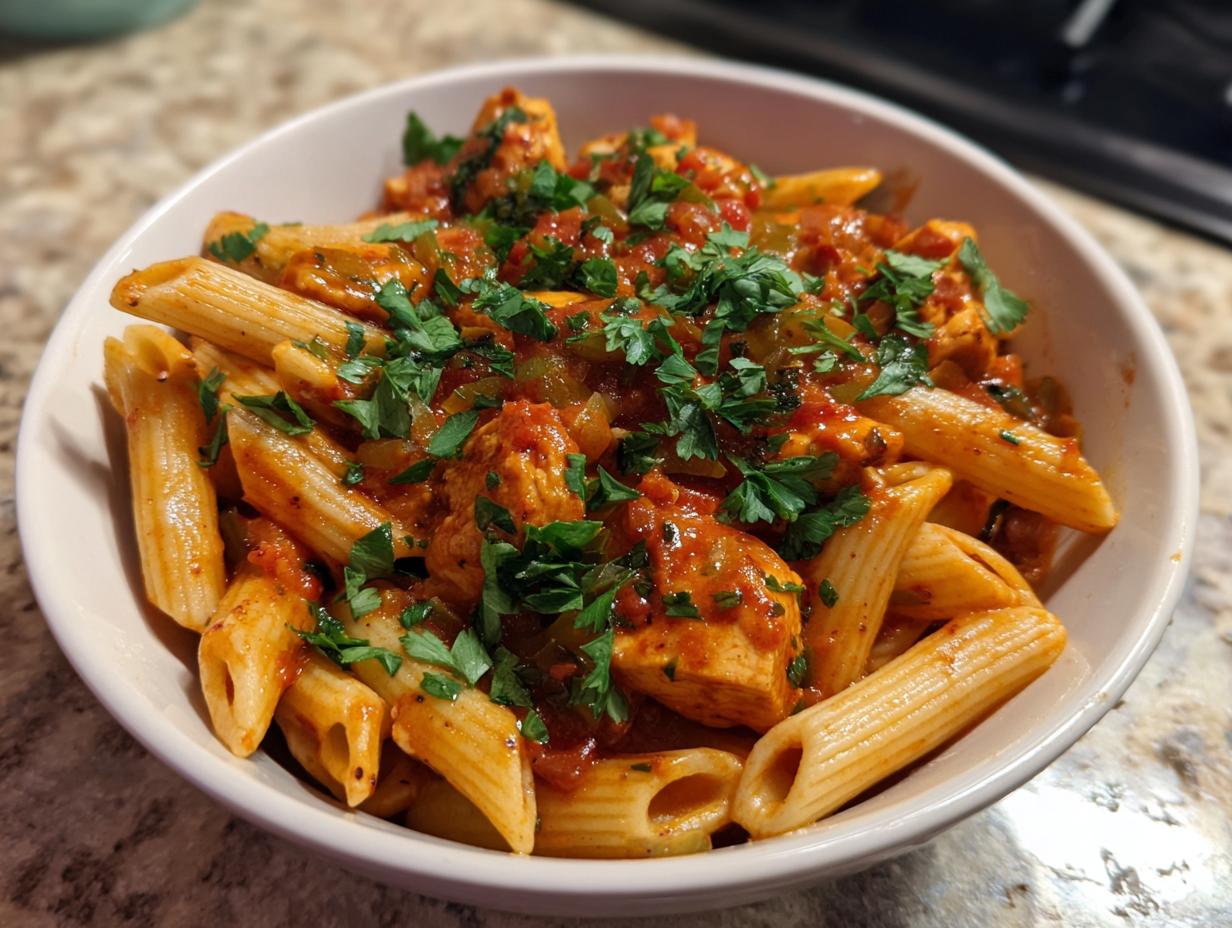 A bowl of Crock Pot Creamy Cajun Chicken Pasta with penne noodles, chicken, and a rich sauce, garnished with parsley.
