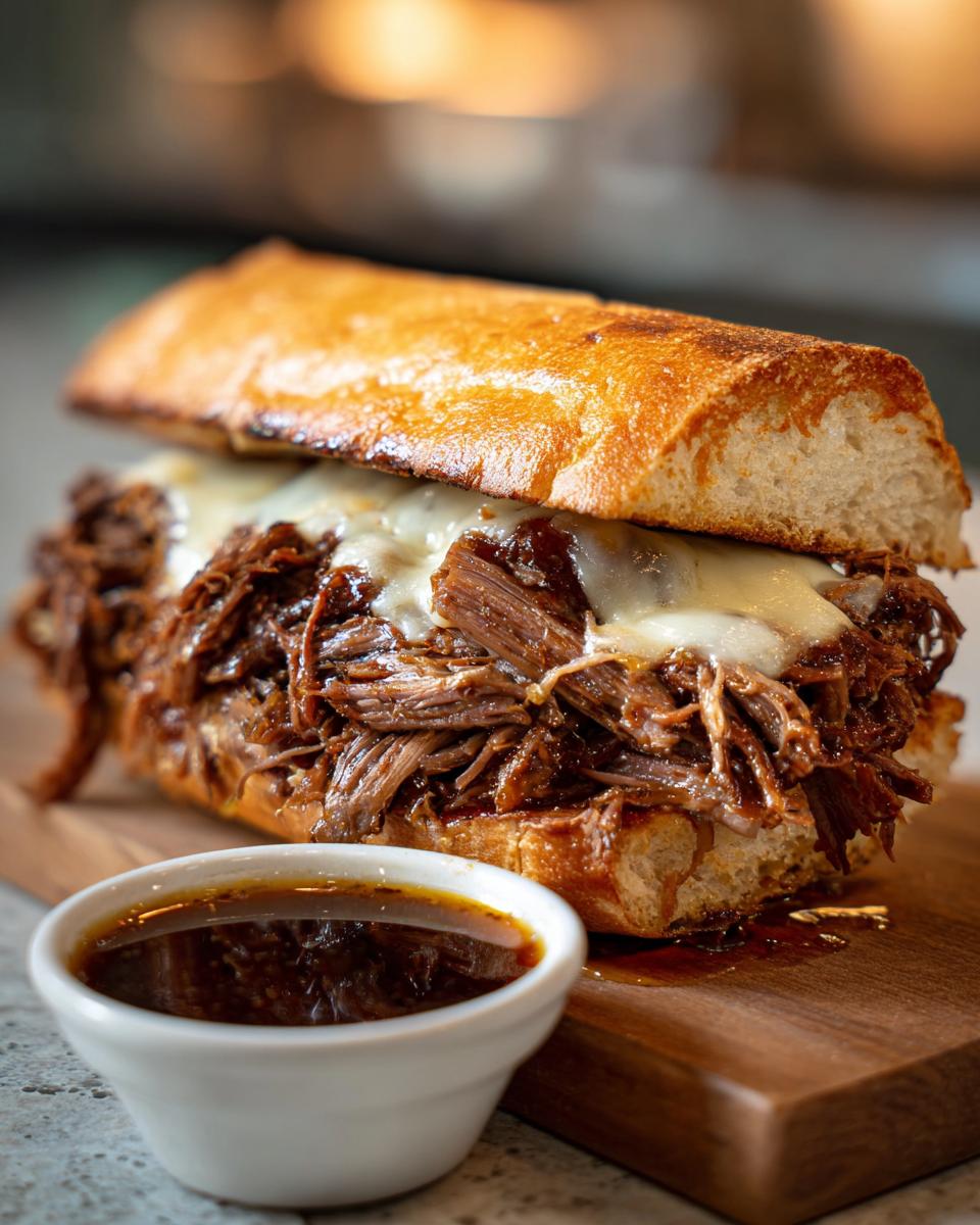 A delicious Crockpot French Dip Sandwich piled high with shredded beef and melted cheese, served with a side of au jus.