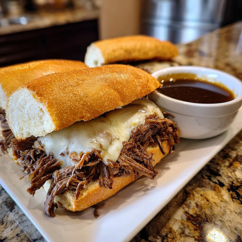 A delicious Crockpot French Dip Sandwich loaded with shredded beef and melted cheese, served with a side of au jus.