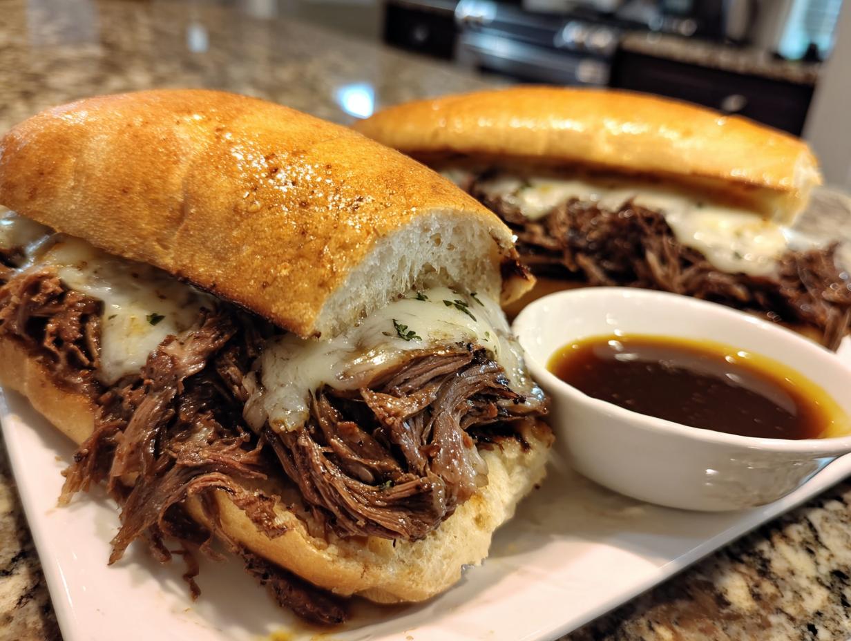 Two delicious Crockpot French Dip Sandwiches filled with shredded beef and melted cheese, served with a side of au jus.