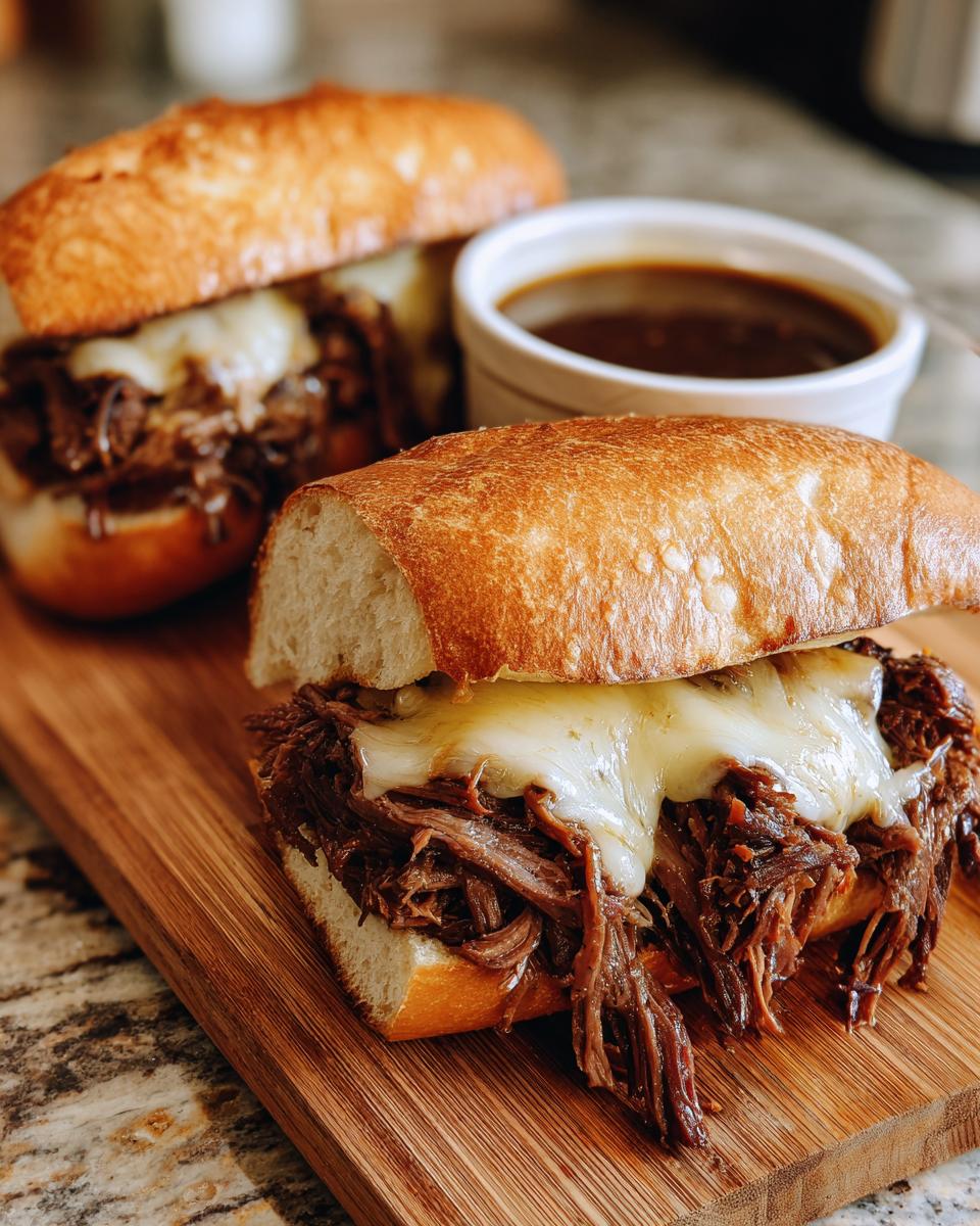 Two delicious Crockpot French Dip Sandwiches piled high with shredded beef and melted provolone cheese, served with au jus.