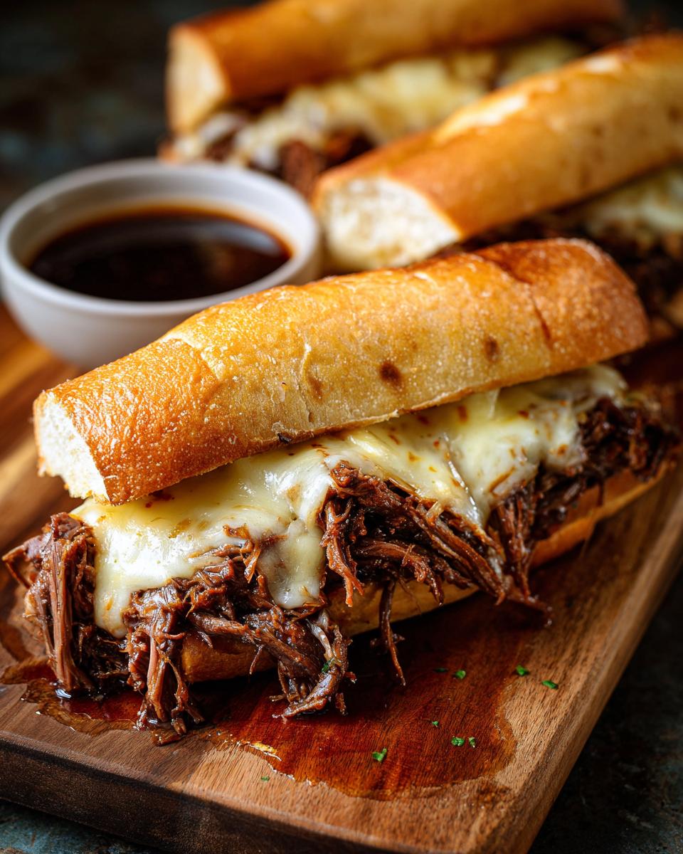 Close-up of a delicious Crockpot French Dip Sandwich with melted cheese and au jus on a wooden board.
