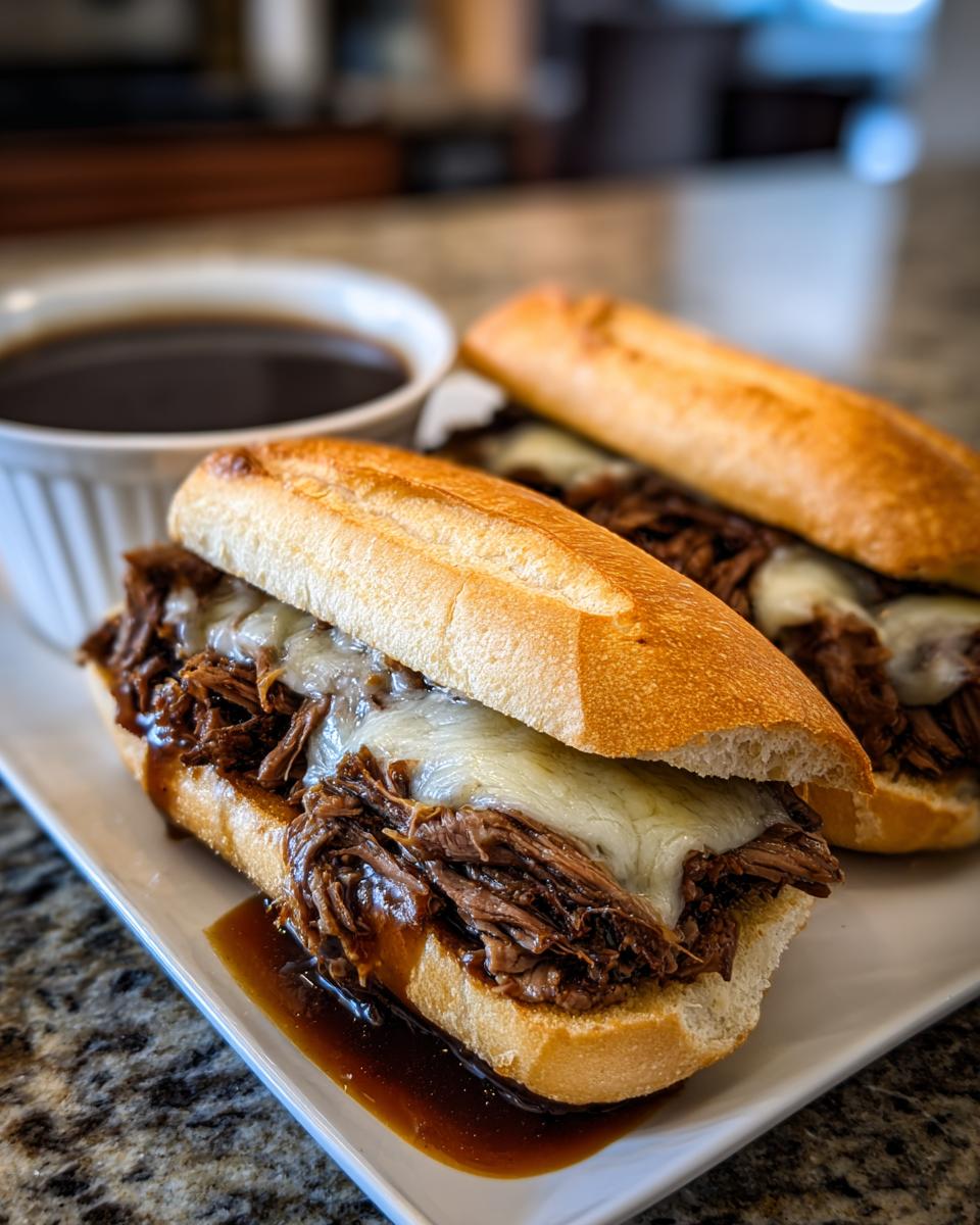 Two delicious Crockpot French Dip Sandwiches piled high with shredded beef and melted cheese, served with a side of au jus.