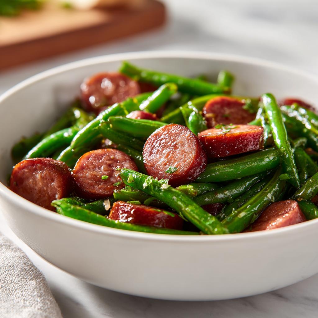 A white bowl filled with cooked Crockpot Kielbasa and Green Beans, garnished with herbs.