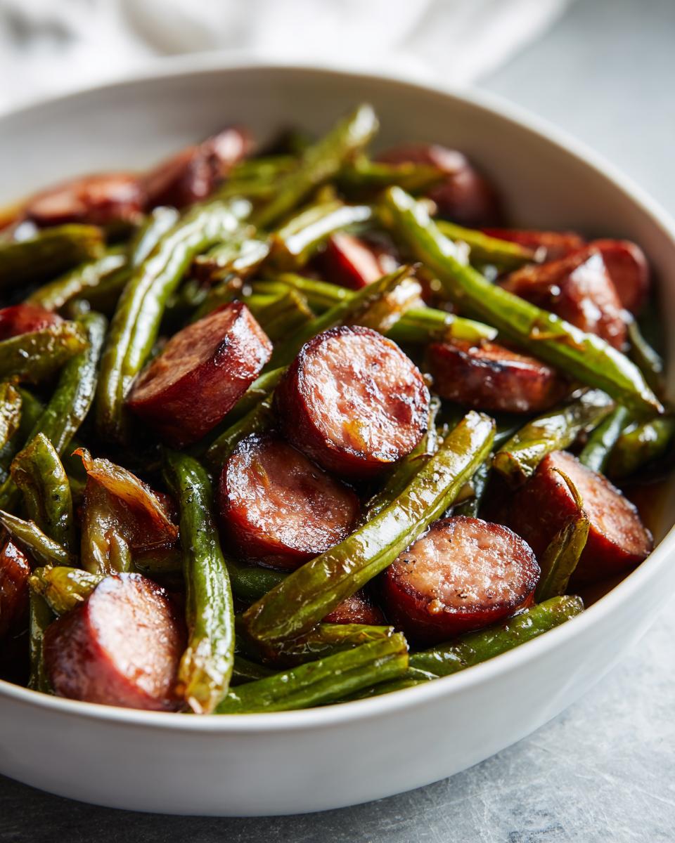 A white bowl filled with cooked Crockpot Kielbasa and Green Beans, showing sliced sausage and tender green beans.