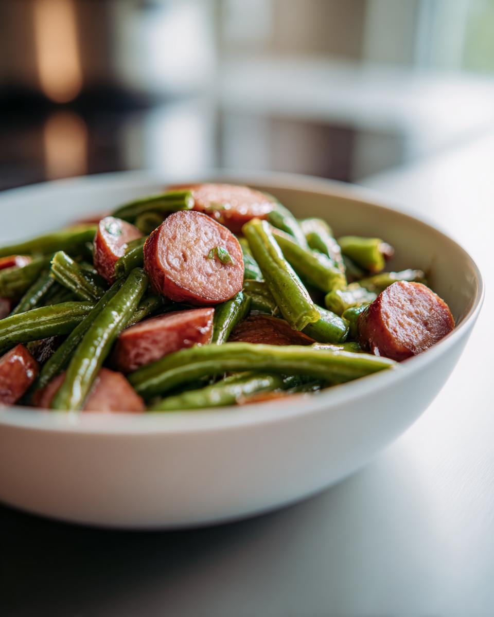 A white bowl filled with cooked Crockpot Kielbasa and Green Beans, garnished with herbs.