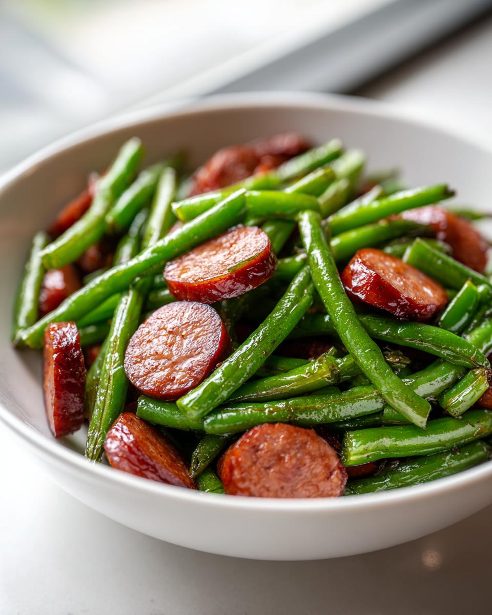 A white bowl filled with cooked Crockpot Kielbasa and Green Beans, showcasing sliced sausage and vibrant green beans.