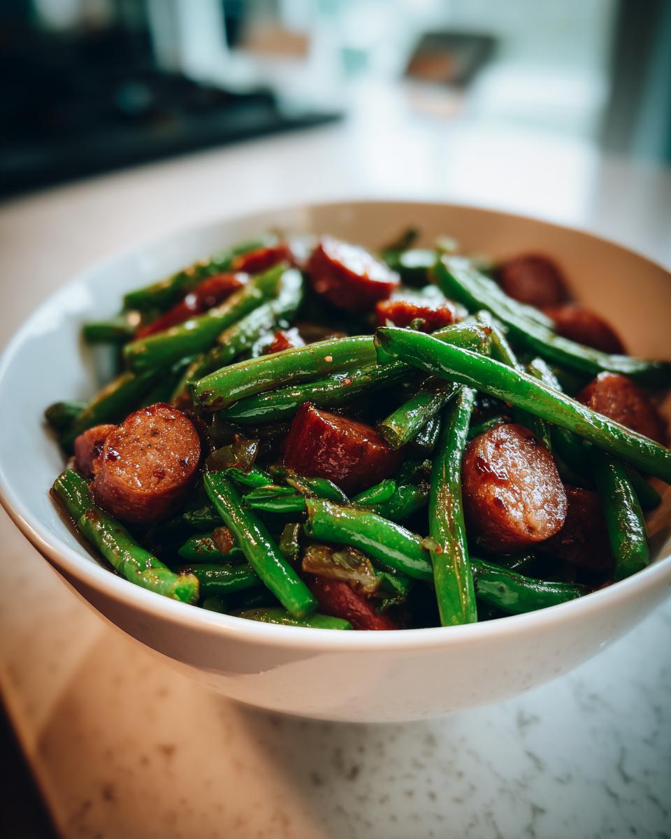 Close-up of Crockpot Kielbasa and Green Beans in a white bowl, showcasing the savory dish.
