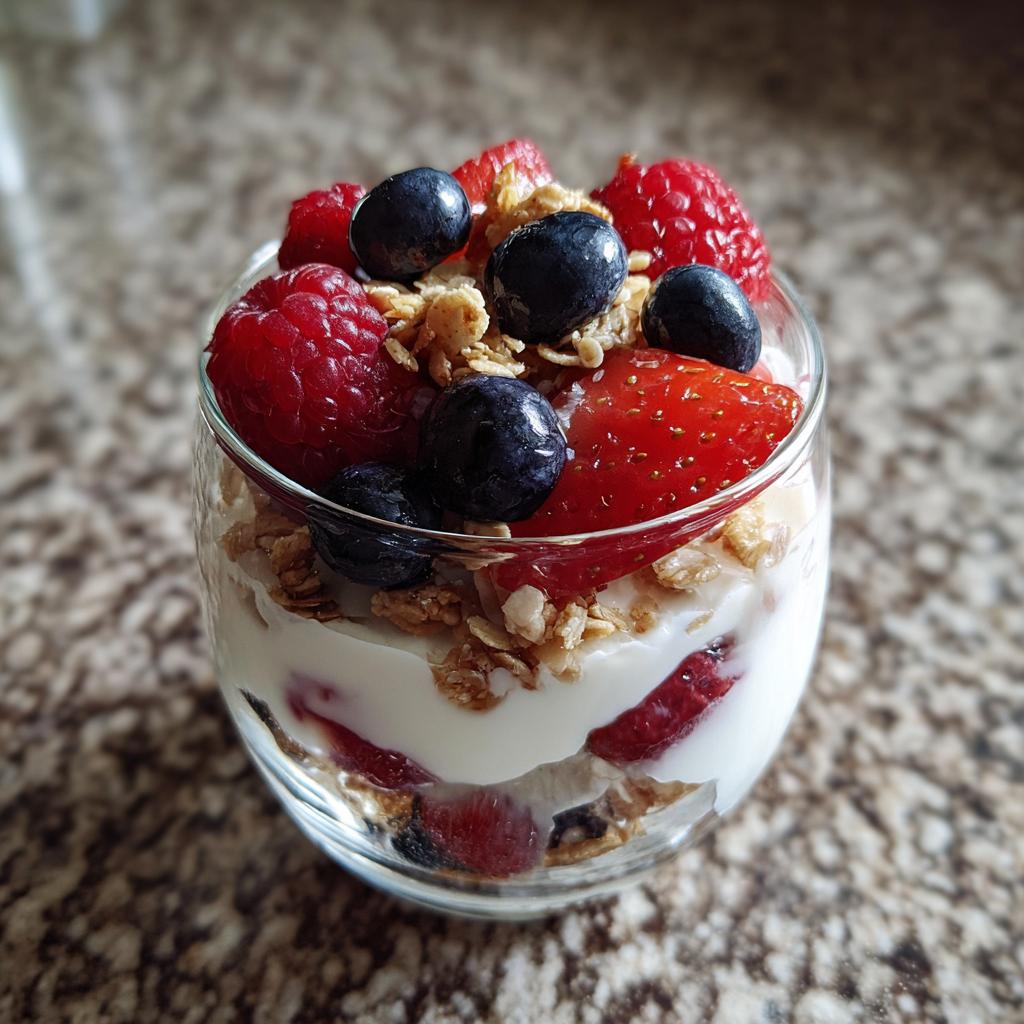 A close-up of a yogurt parfait layered with fresh berries and crunchy granola, perfect for breakfast ideas.