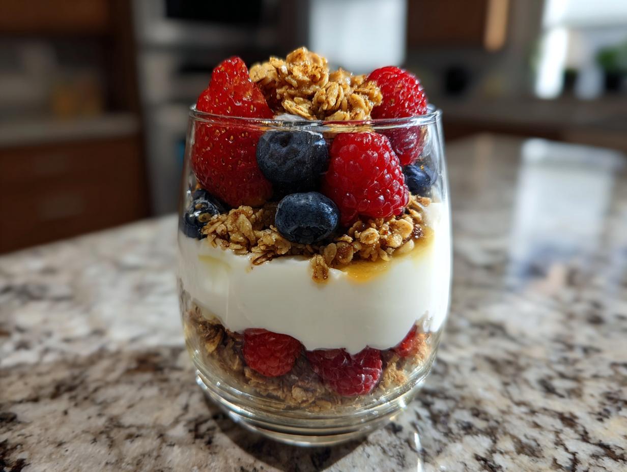 A layered yogurt parfait with fresh berries, granola, and yogurt, showcasing breakfast ideas for fresh and crunchy parfaits.
