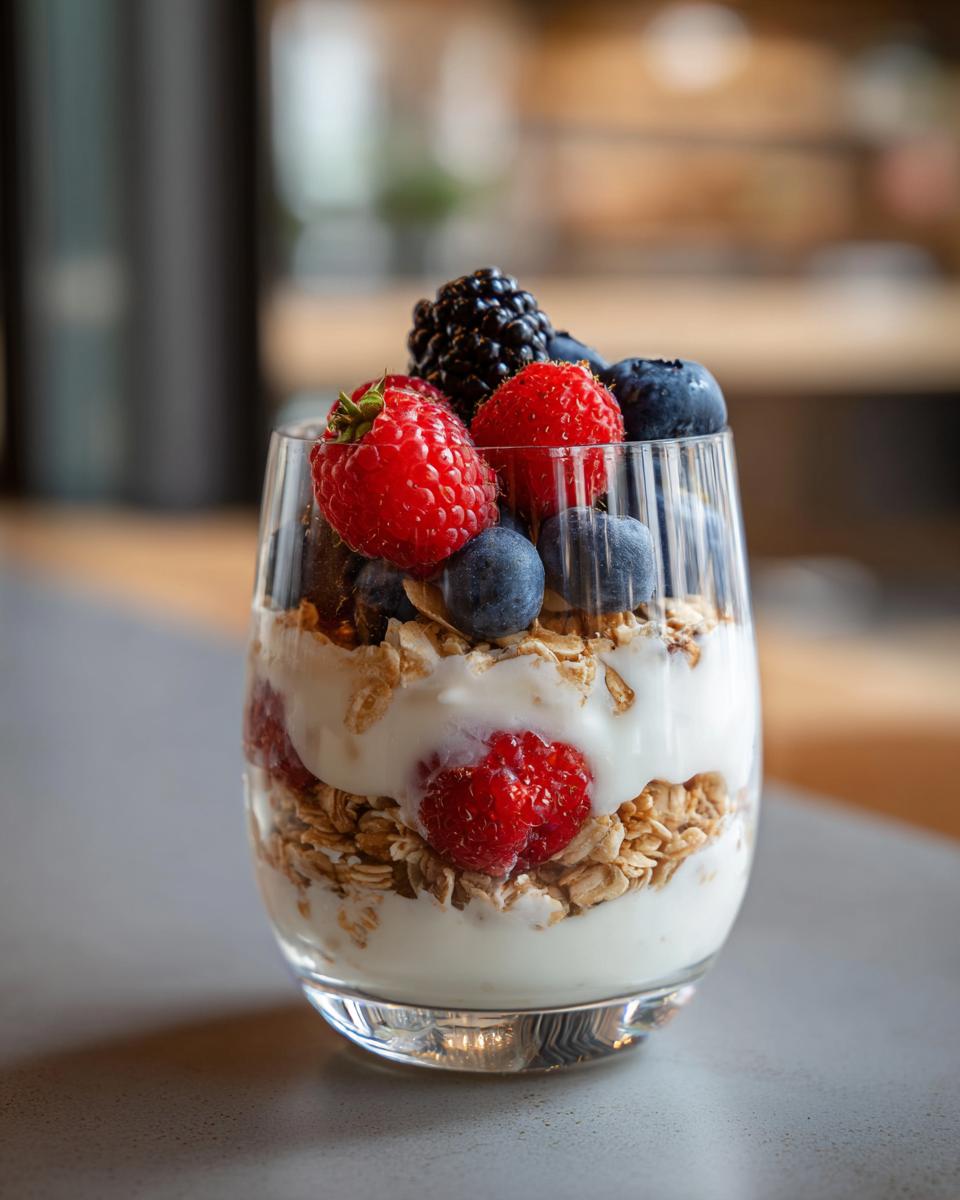 A glass of yogurt parfait layered with granola and topped with fresh raspberries, blueberries, and blackberries. Perfect for breakfast ideas.