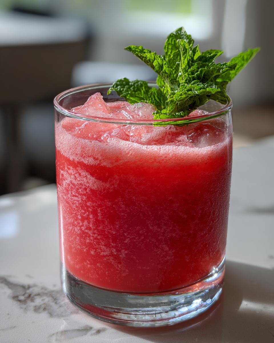 A close-up of a glass filled with vibrant pink Cucumber Agua Fresca, topped with crushed ice and fresh mint leaves.