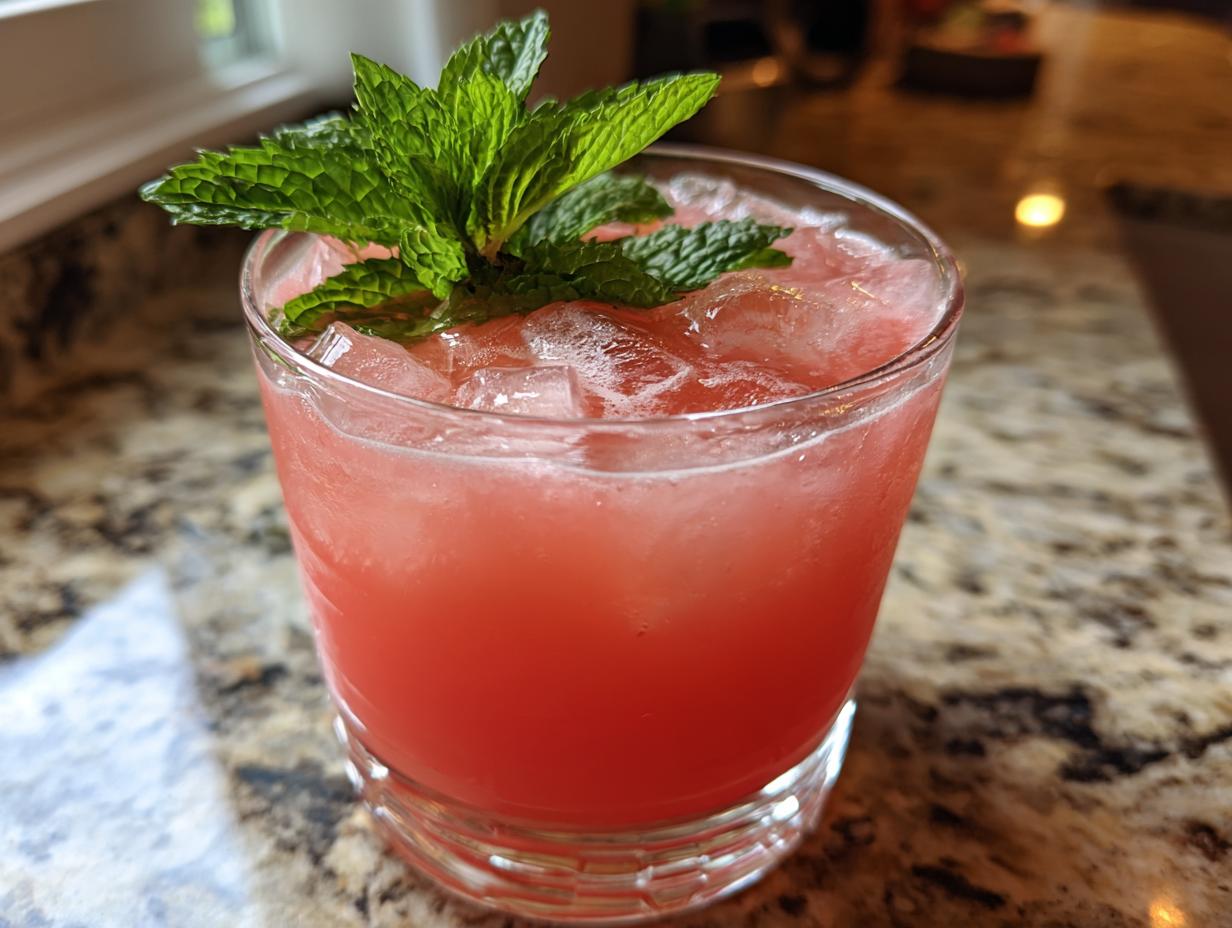 A glass of pink Cucumber Agua Fresca with ice and a sprig of fresh mint, perfect for watermelon recipes.