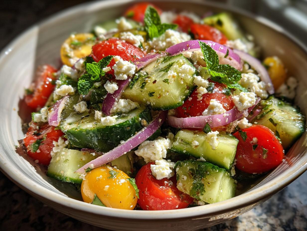 A refreshing summer salad with cucumber, tomato, feta cheese, and red onion, perfect for cookouts.