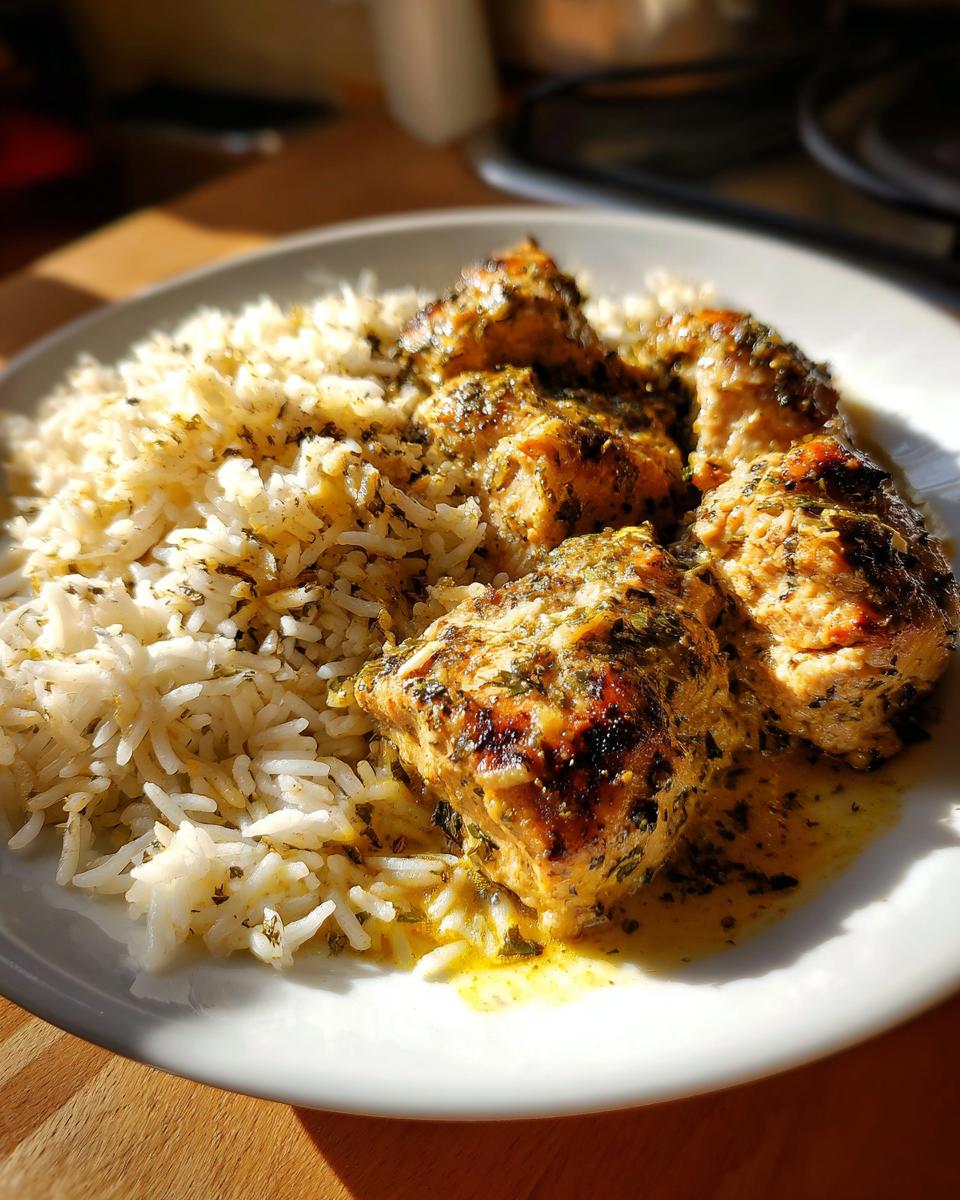 A close-up of a plate filled with fluffy white rice and pieces of garlic butter chicken, drizzled with sauce.