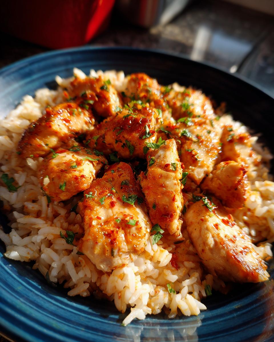 Close-up of succulent garlic butter chicken pieces served over fluffy white rice, garnished with parsley.