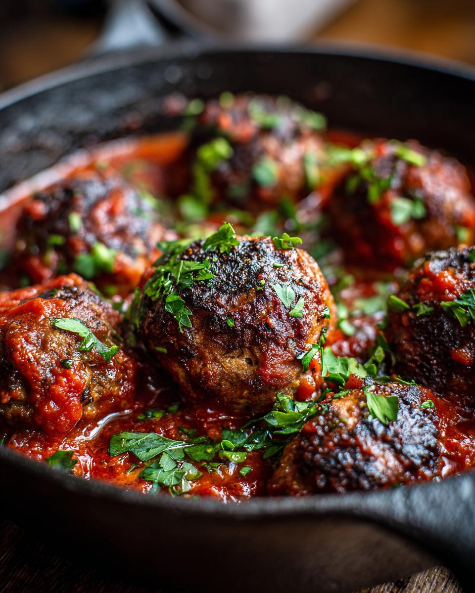 Close-up of juicy baked meatballs in a rich tomato sauce, garnished with fresh parsley, perfect for easy dinner recipes.