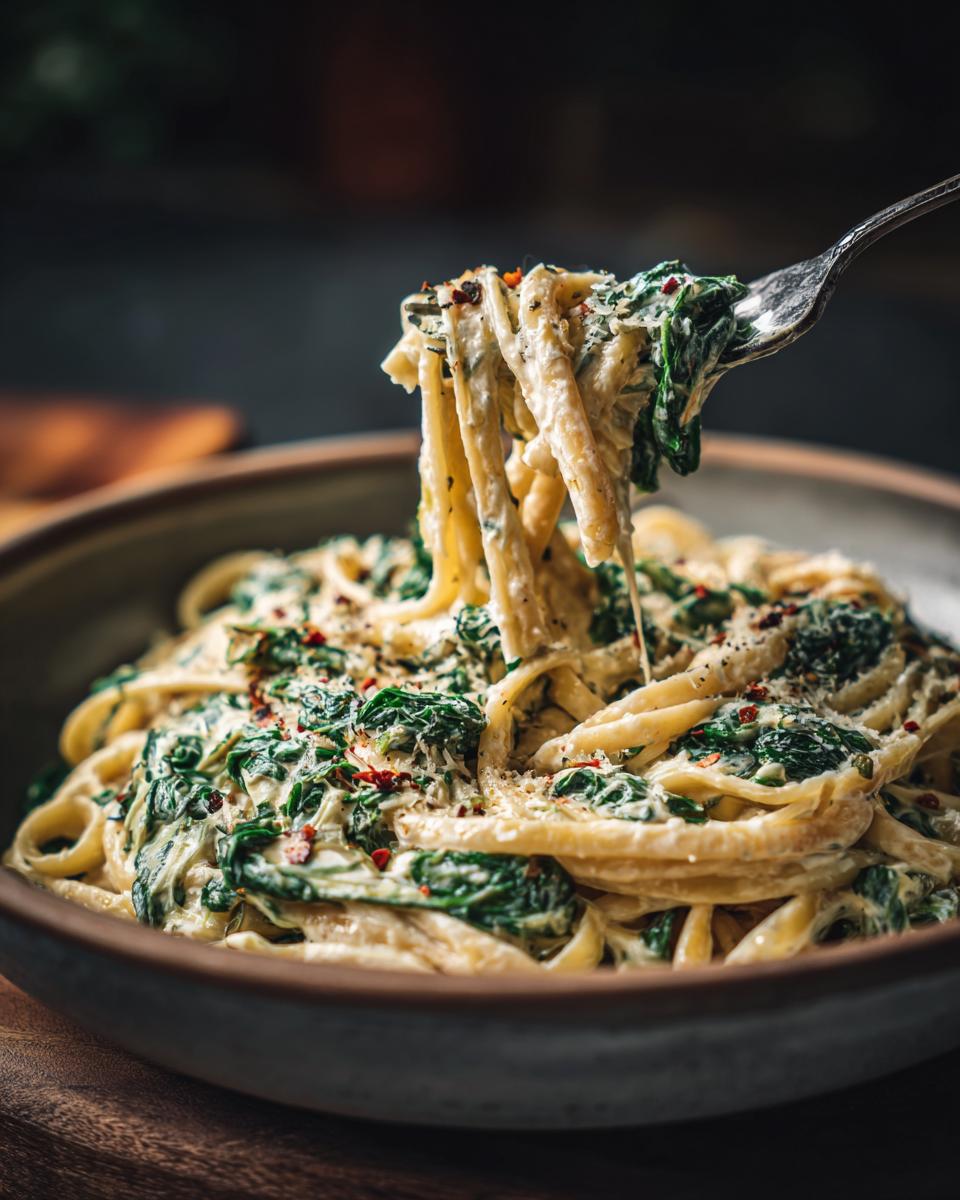 A fork twirling creamy fettuccine pasta with spinach and red pepper flakes, part of an easy dinner recipe with spinach artichoke pasta.