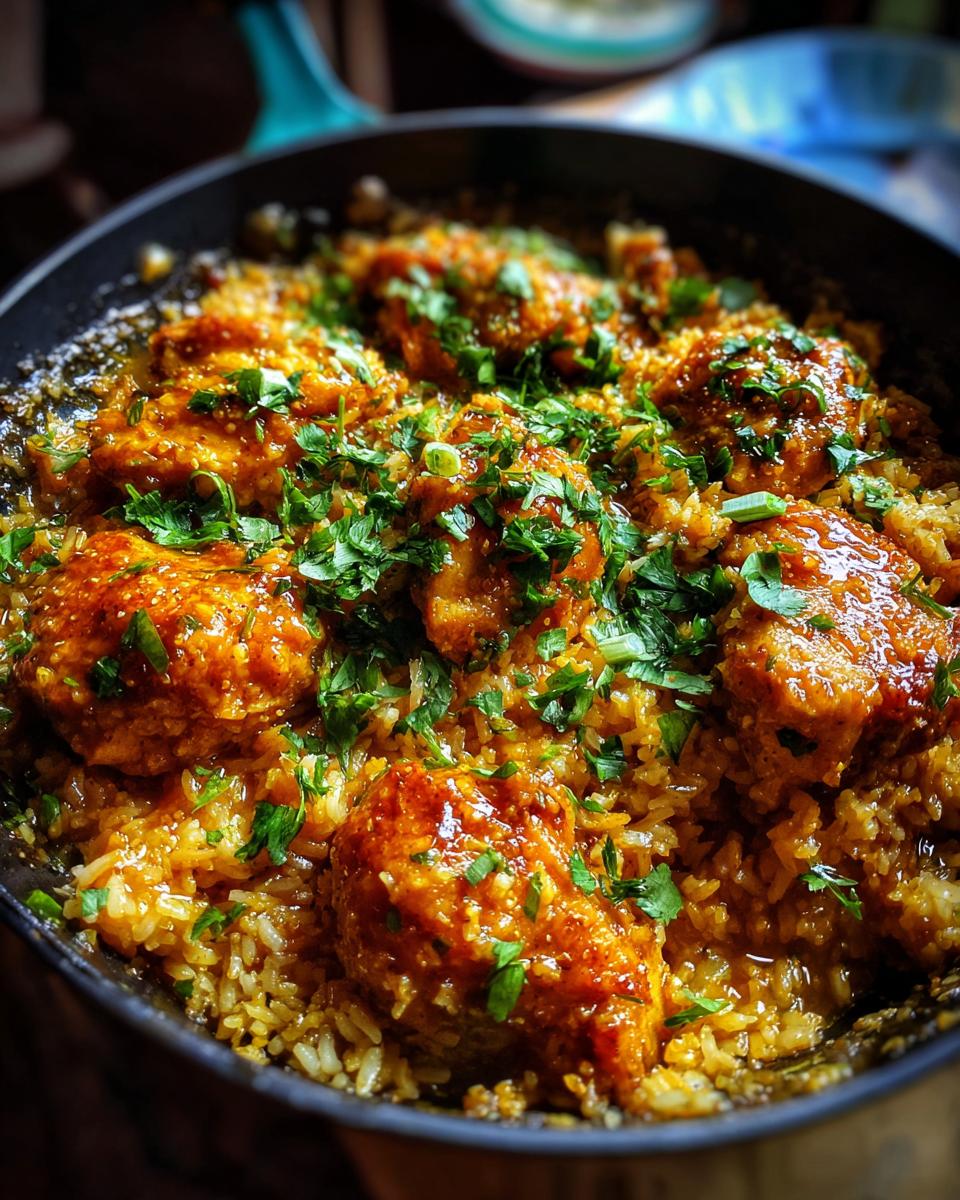 Close-up of a skillet filled with fluffy rice and tender chicken pieces coated in garlic butter sauce, garnished with fresh parsley.