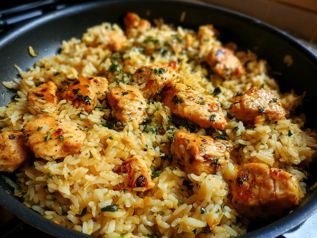 Close-up of a skillet filled with Easy Garlic Butter Chicken and Rice, garnished with fresh parsley.