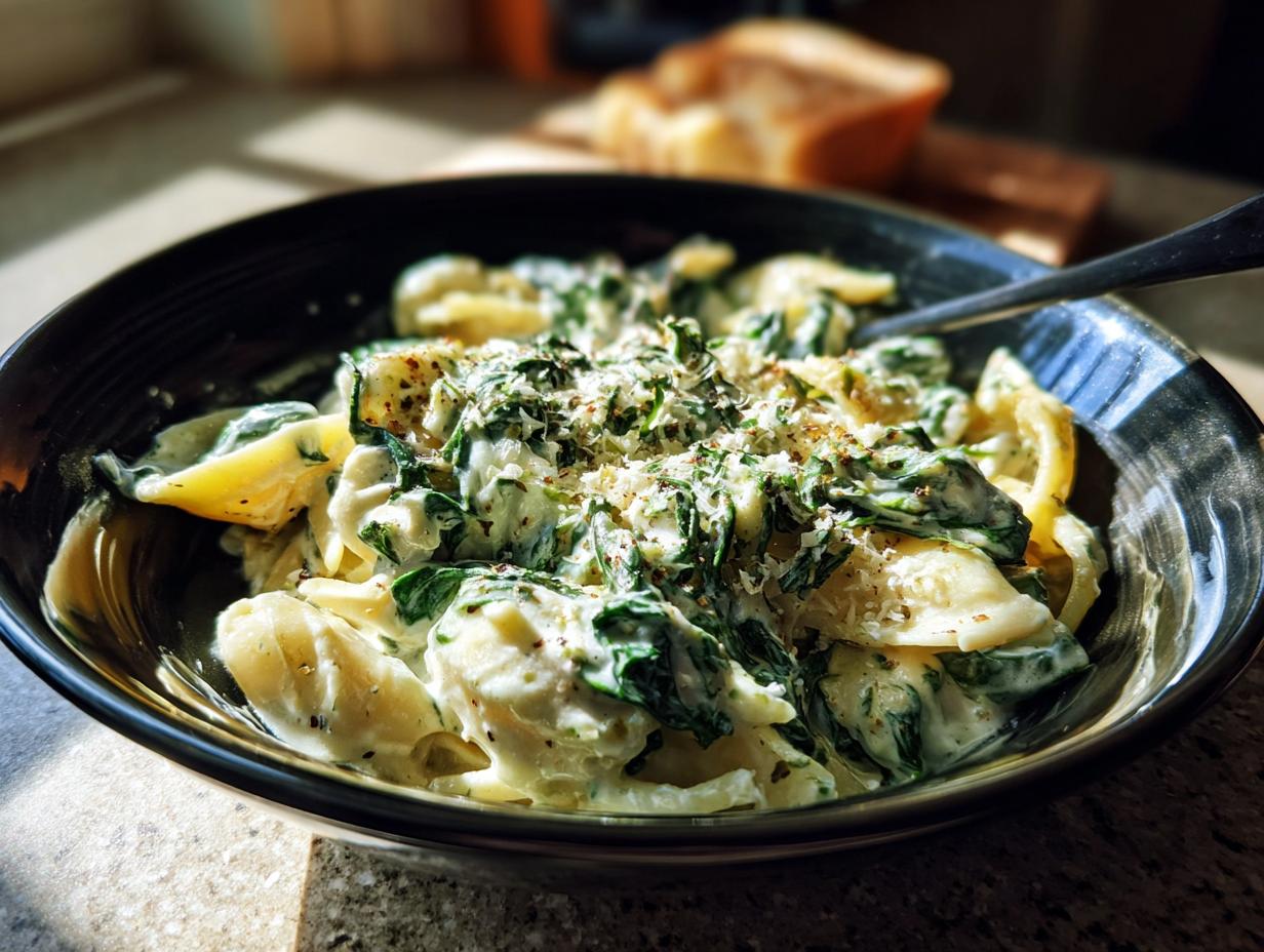 A close-up of a bowl filled with creamy spinach artichoke pasta, topped with grated cheese and herbs.