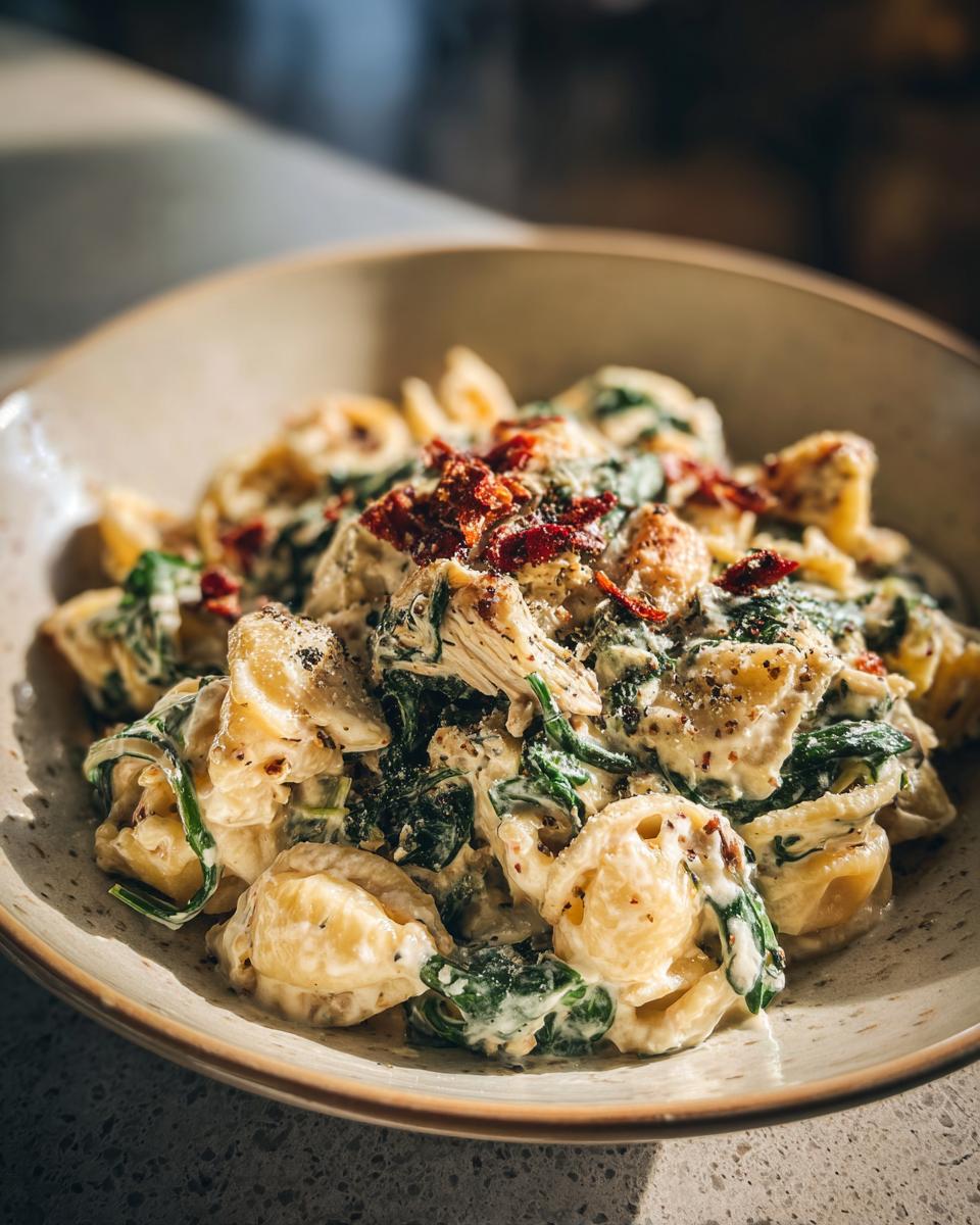 A close-up of creamy spinach artichoke pasta with chicken and sun-dried tomatoes, a perfect easy dinner recipe.