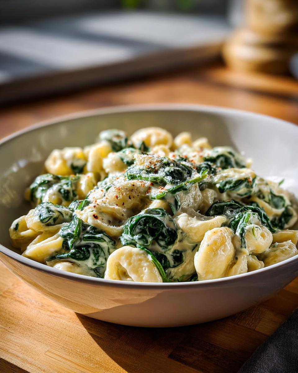 A close-up of creamy spinach artichoke pasta in a white bowl, sprinkled with red pepper flakes.