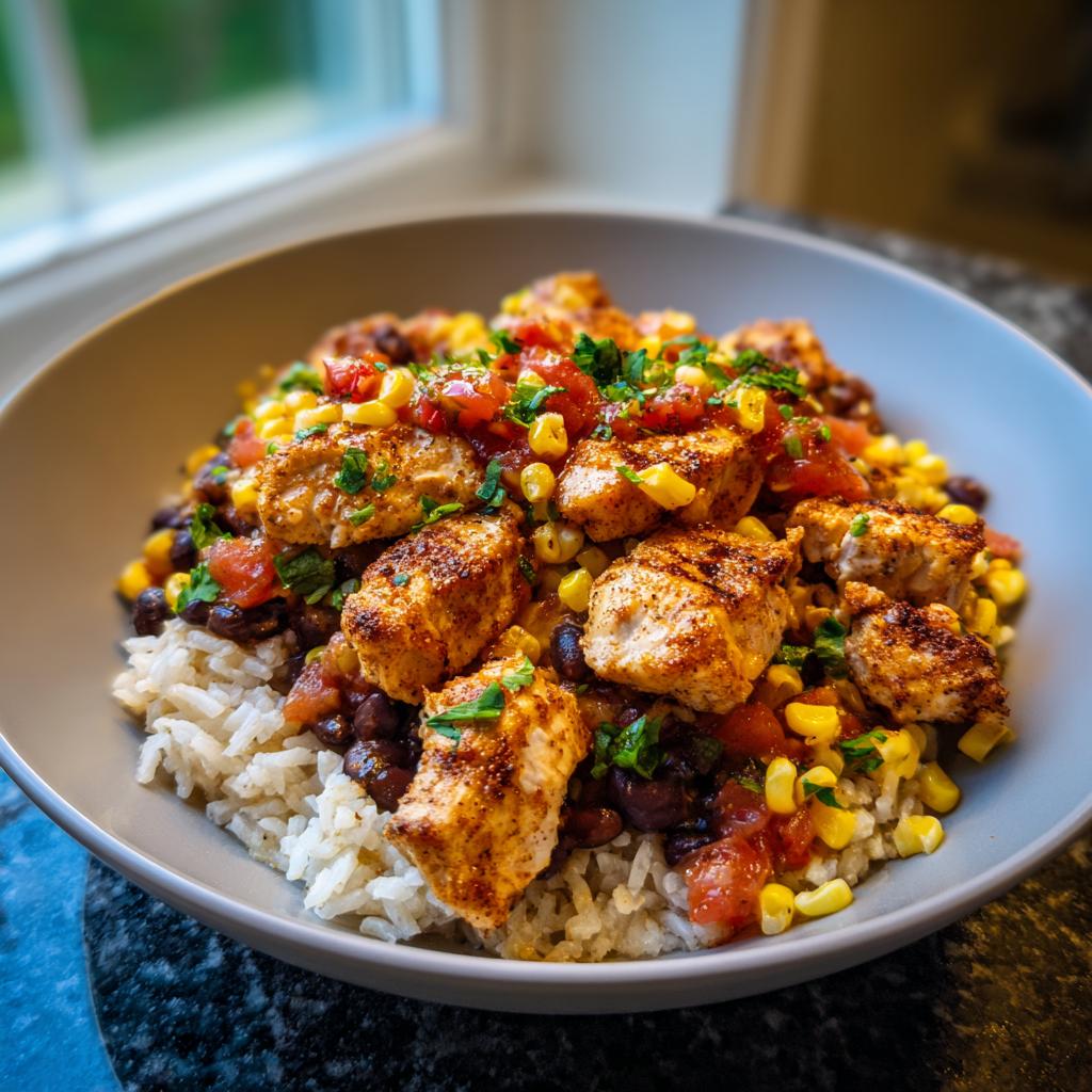 A delicious Easy Street Corn Chicken Bowl filled with rice, black beans, corn, diced tomatoes, and seasoned chicken pieces, garnished with parsley.