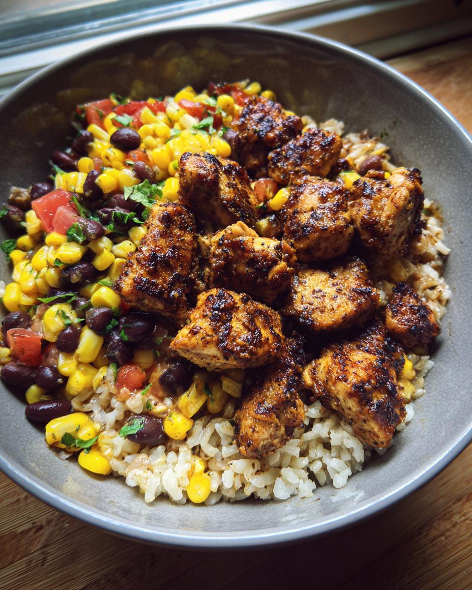 A close-up of an Easy Street Corn Chicken Bowl featuring seasoned chicken, corn, black beans, tomatoes, and rice.