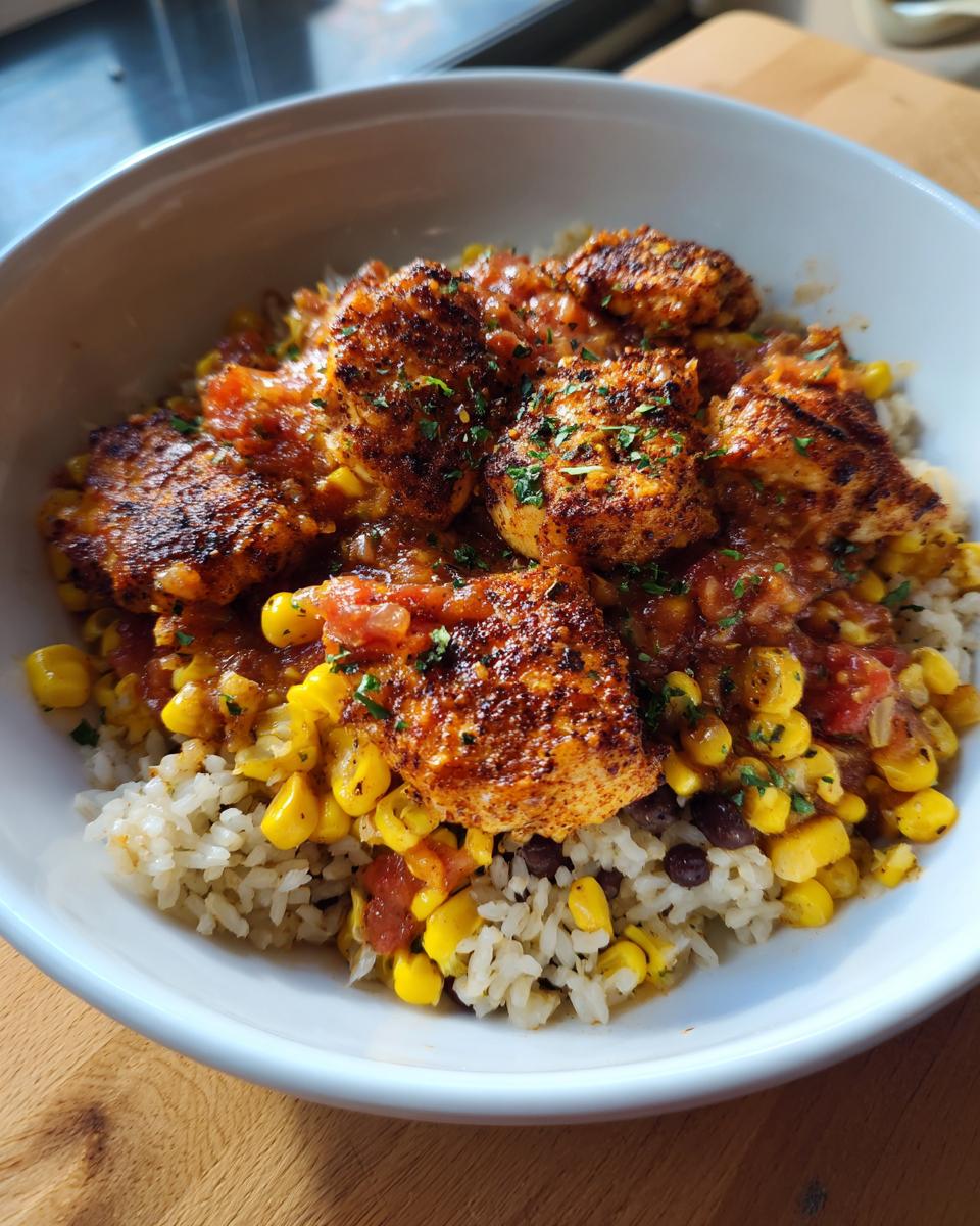 A close-up of an Easy Street Corn Chicken Bowl, featuring seasoned chicken pieces over rice, corn, black beans, and a tomato-based sauce.