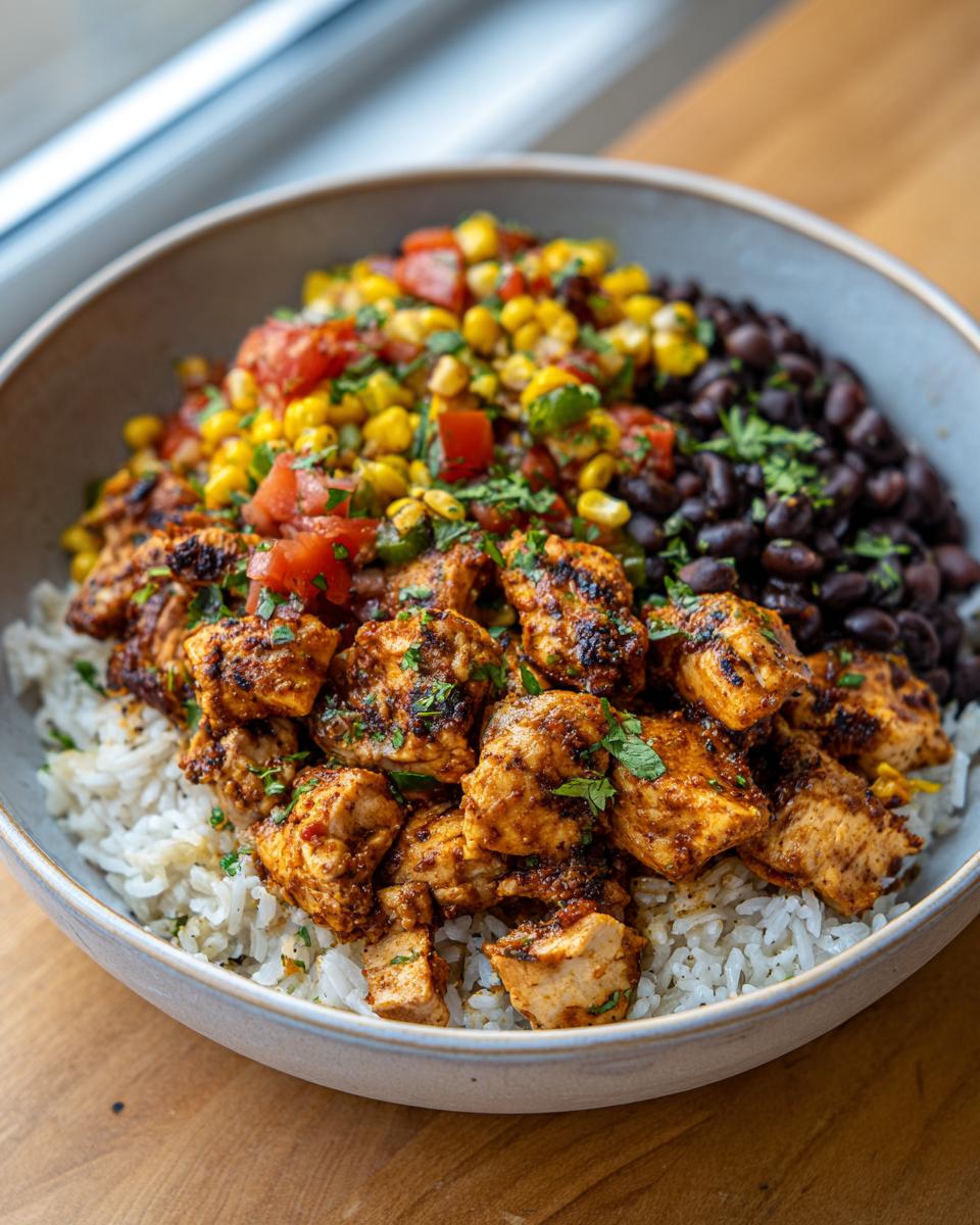 A vibrant Easy Street Corn Chicken Bowl featuring seasoned chicken, rice, black beans, and corn salsa.