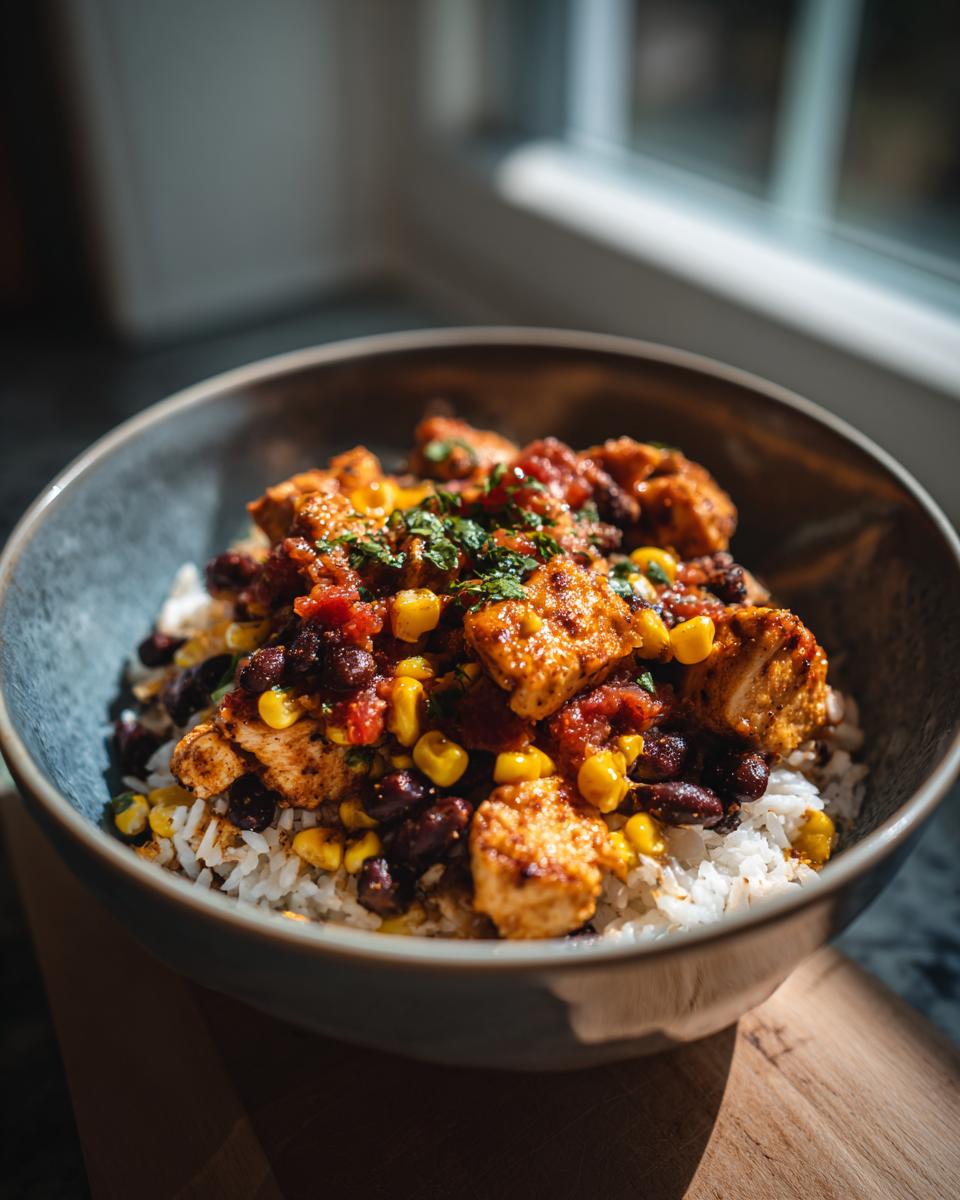 A close-up of an Easy Street Corn Chicken Bowl featuring rice, black beans, corn, and seasoned chicken.