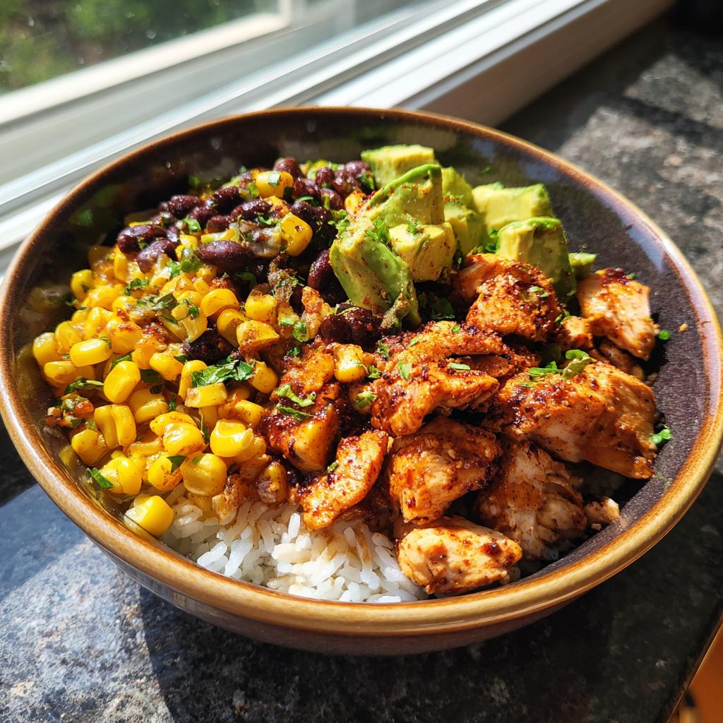 A vibrant Easy Street Corn Chicken Bowl filled with rice, seasoned chicken, corn, black beans, and diced avocado.