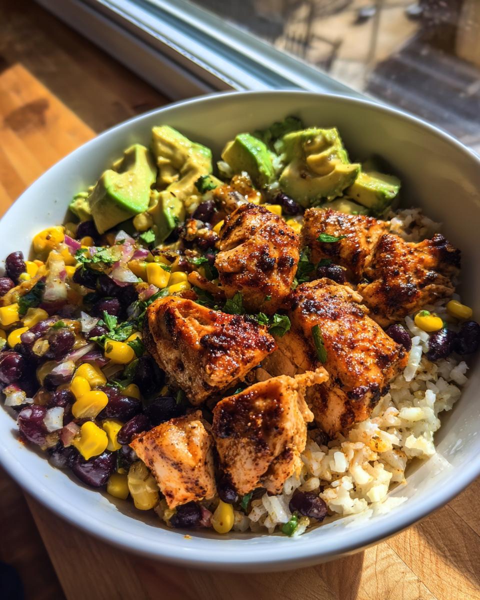 A close-up of an Easy Street Corn Chicken Bowl with seasoned chicken, black beans, corn, avocado, and rice.