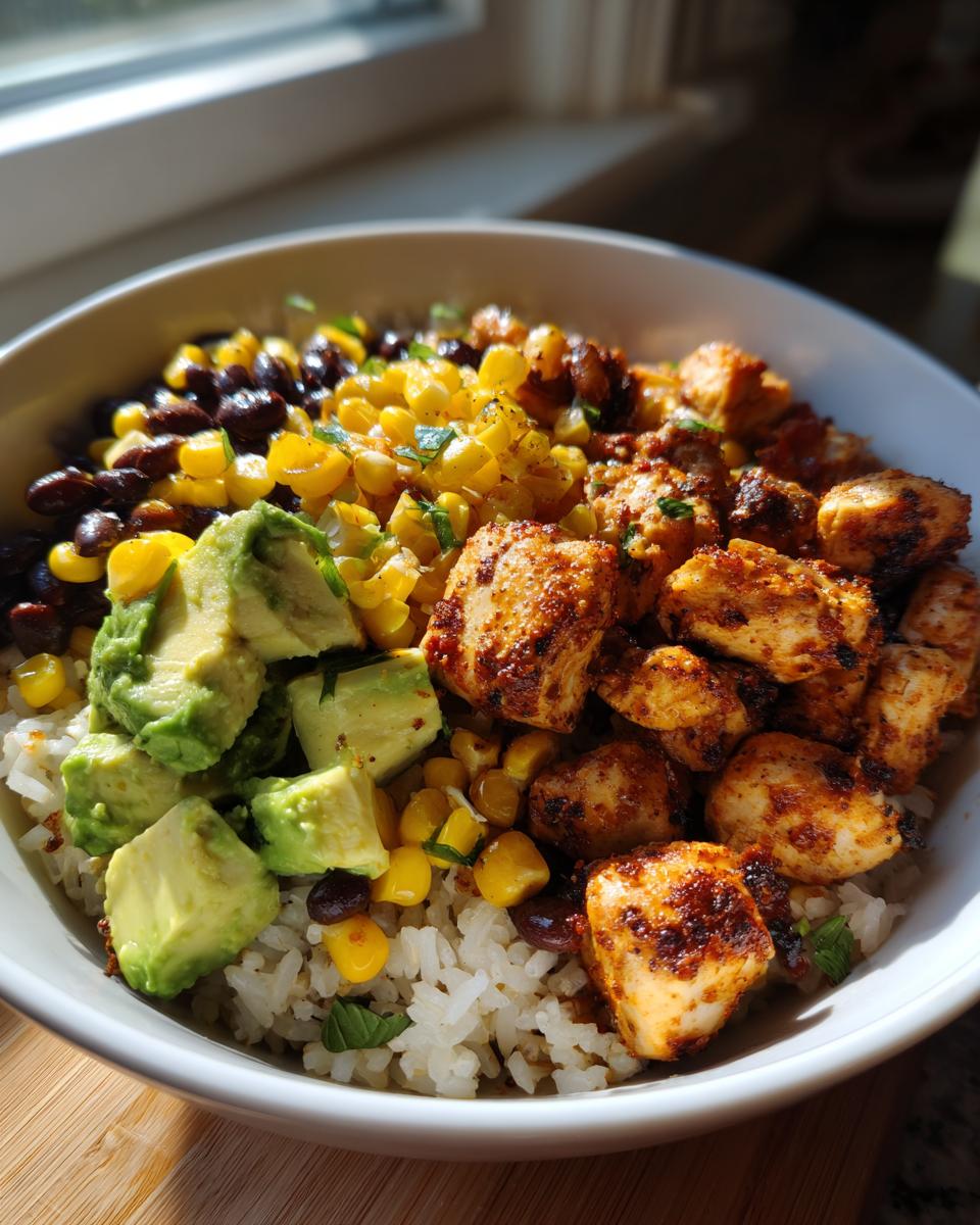 A close-up of an Easy Street Corn Chicken Bowl featuring seasoned chicken, corn, black beans, avocado, and rice.