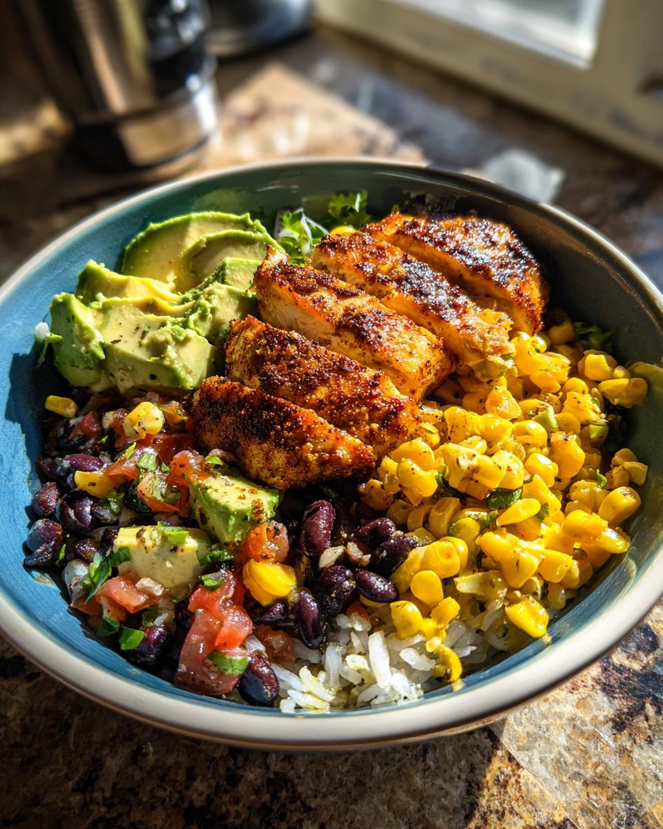 A close-up of an Easy Street Corn Chicken Bowl with sliced grilled chicken, corn, black beans, avocado, and rice.
