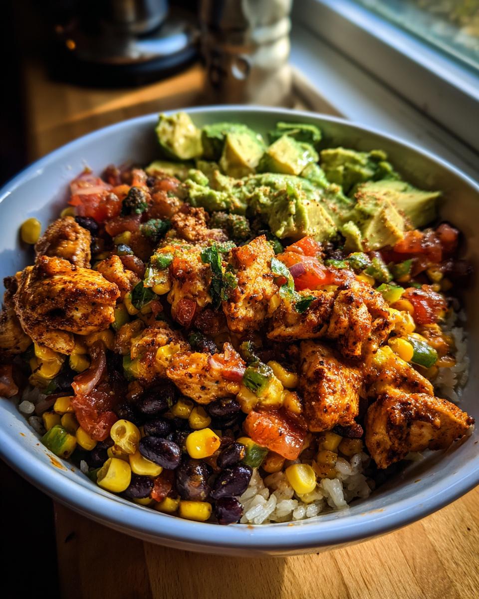 Close-up of an Easy Street Corn Chicken Bowl with seasoned chicken, black beans, corn, tomatoes, and avocado.