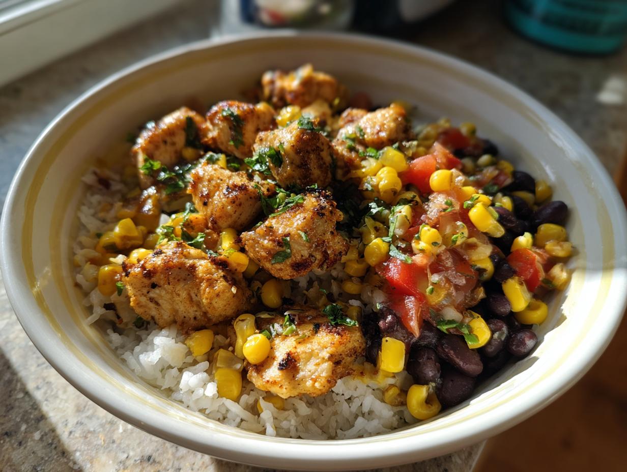 A close-up of an Easy Street Corn Chicken Bowl featuring seasoned chicken, rice, black beans, corn, and tomatoes, garnished with cilantro.