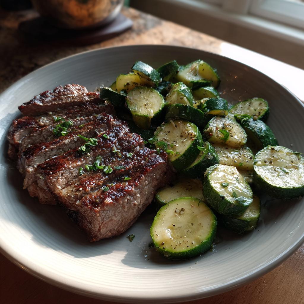 A plate of sliced garlic butter steak and sautéed zucchini, seasoned with herbs and pepper.