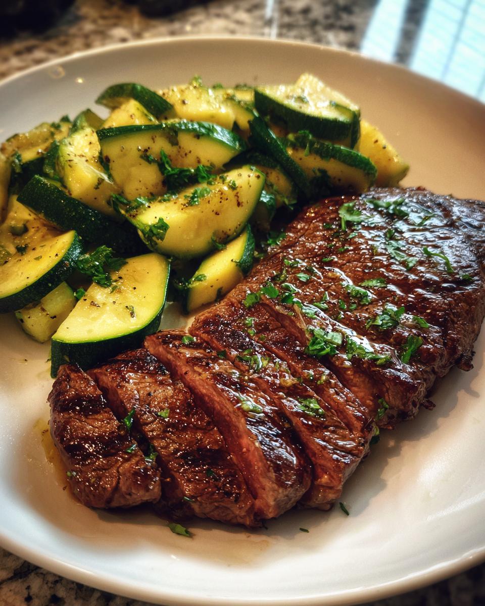 A perfectly cooked garlic butter steak sliced and served with sautéed zucchini, garnished with parsley.