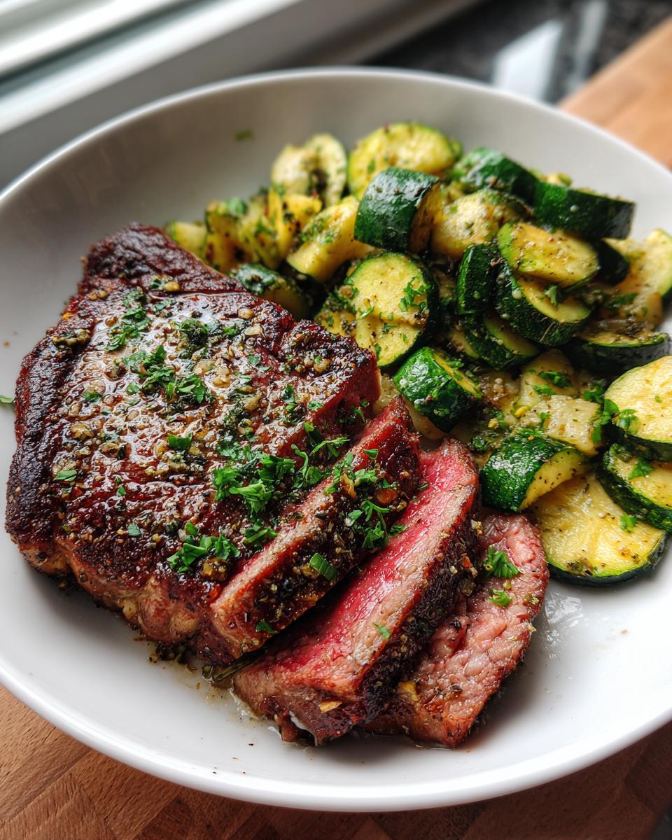 A juicy, sliced steak with garlic butter sauce and a side of sautéed zucchini, showcasing the Effortless Garlic Butter Steak & Zucchini Delight.