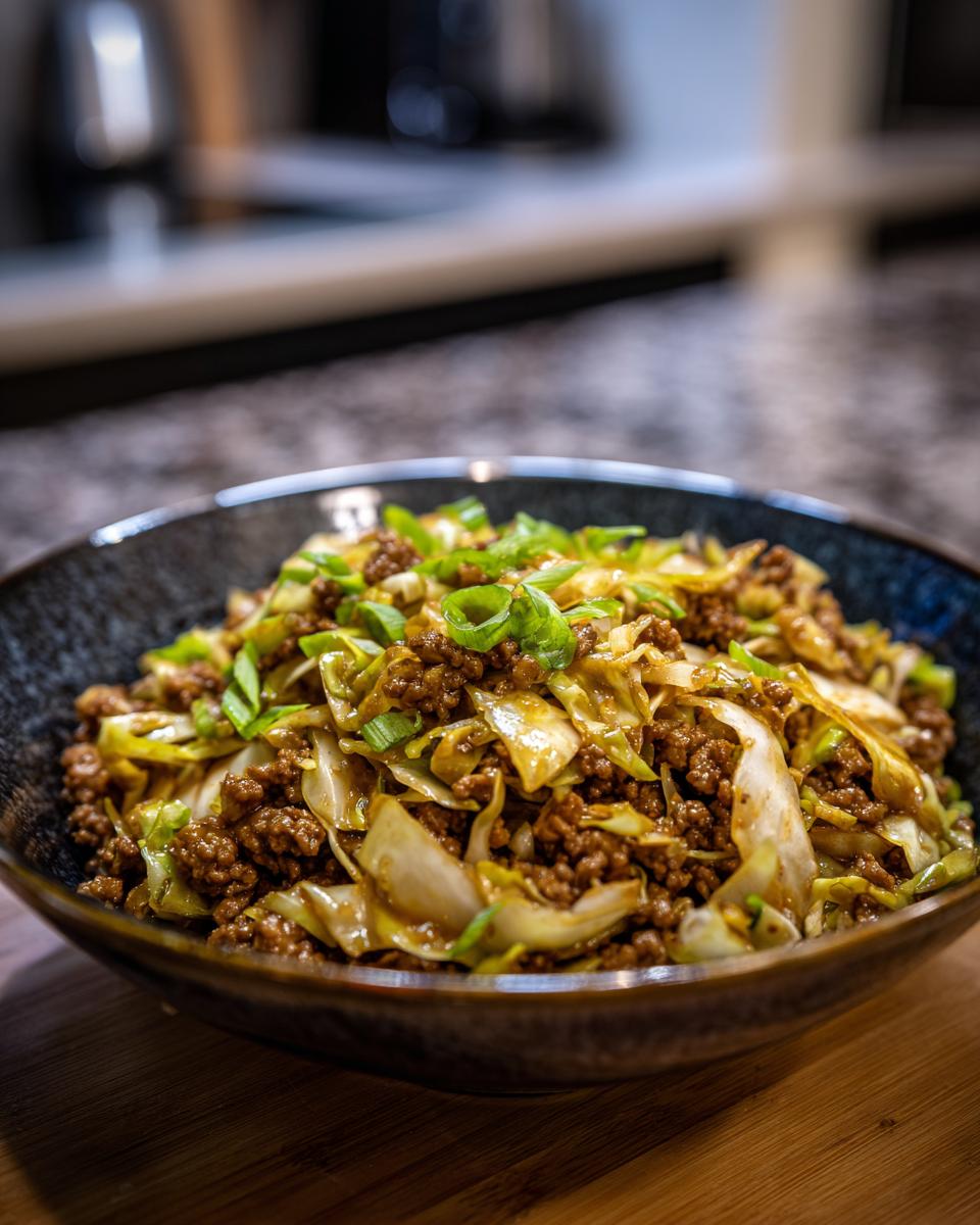 A close-up of a bowl filled with Egg Roll in a Bowl, featuring ground meat, cabbage, and green onions.