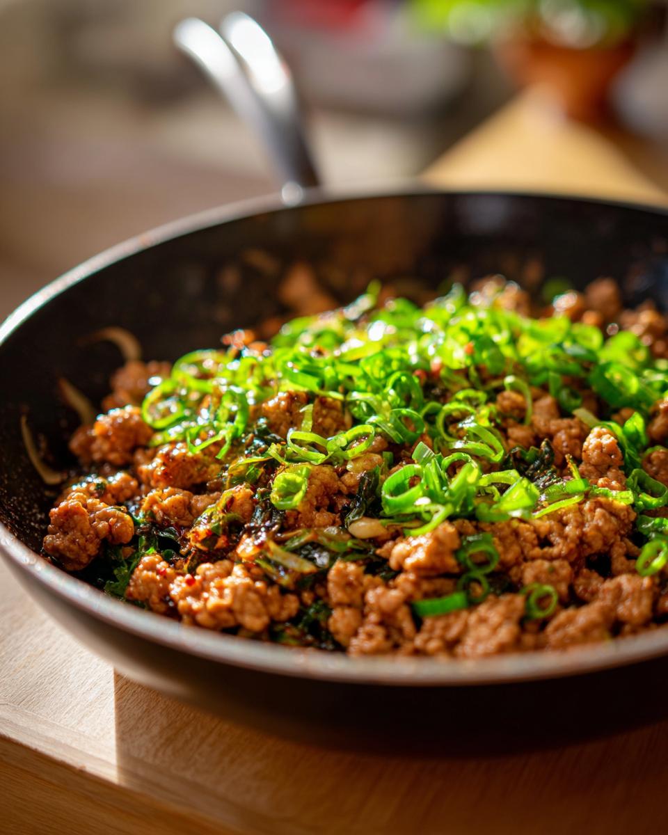 A close-up of a skillet filled with savory ground pork and green onions, ready to be served as Egg Roll in a Bowl.