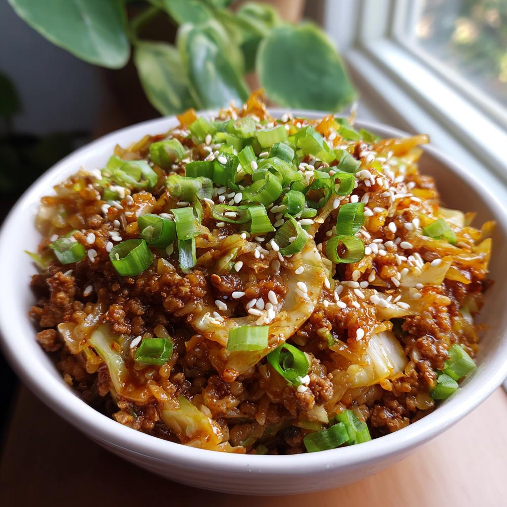 A close-up of a white bowl filled with Egg Roll in a Bowl, topped with chopped green onions and sesame seeds.