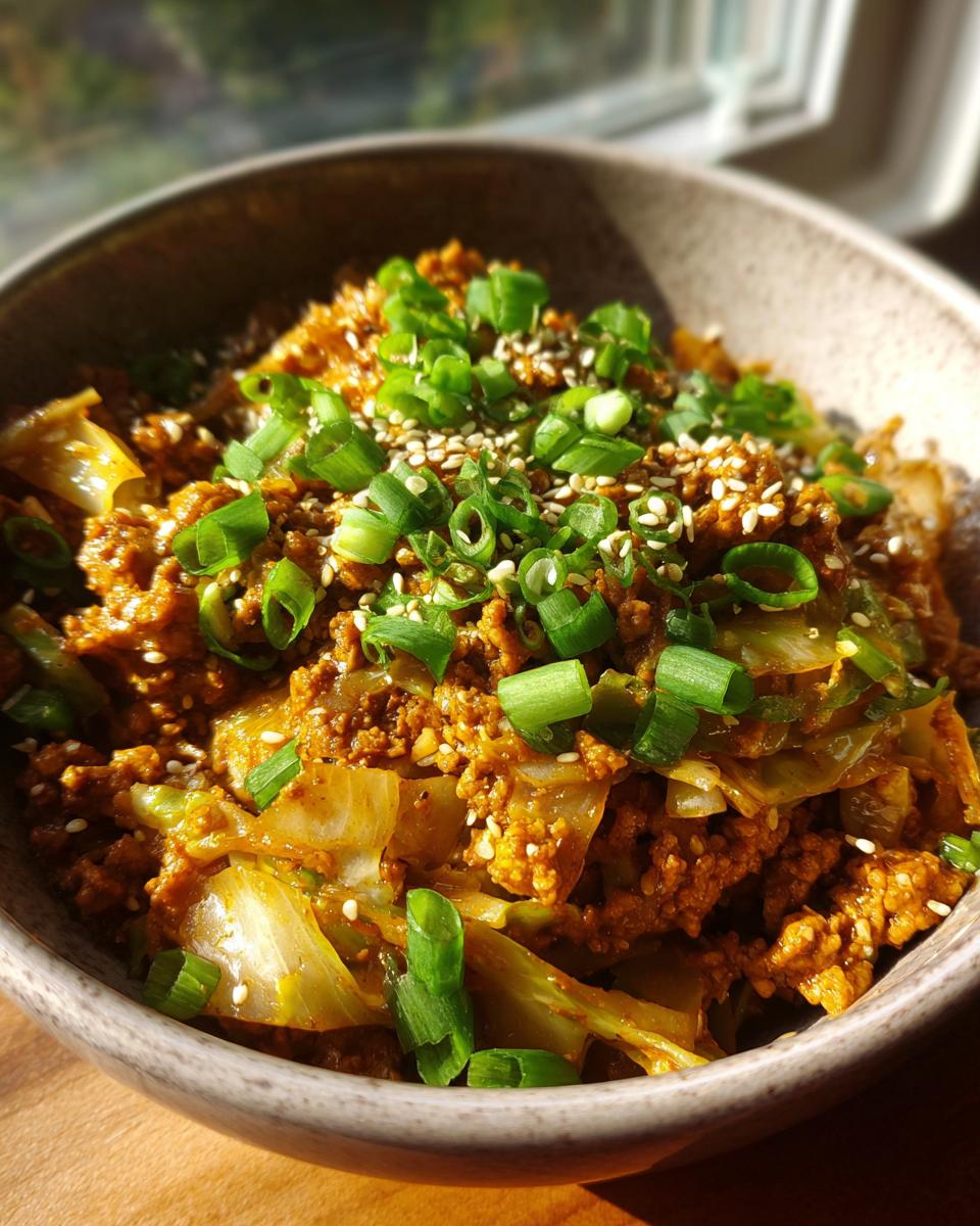 A close-up of a bowl of Egg Roll in a Bowl, topped with sesame seeds and chopped green onions.
