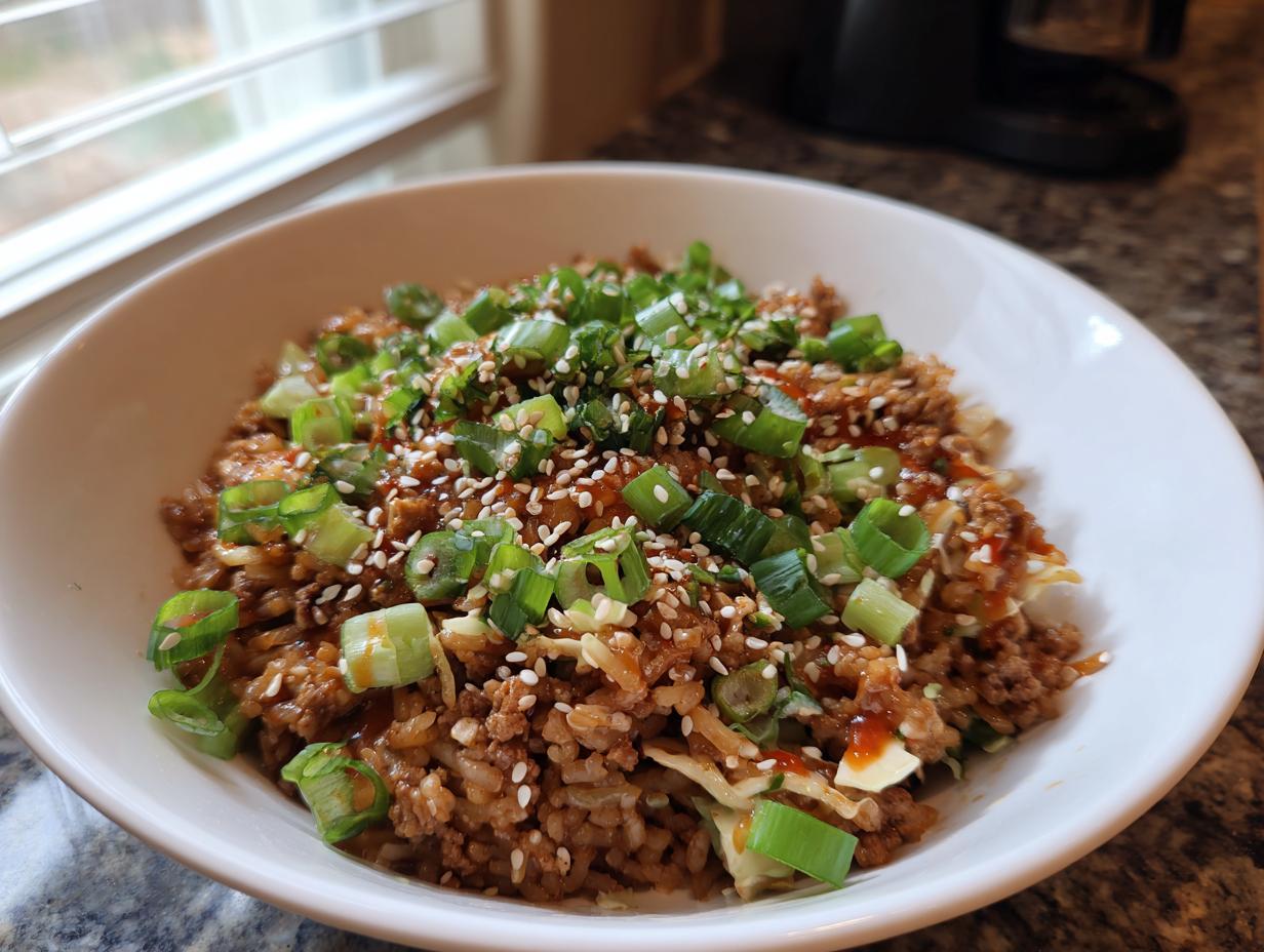 A close-up of a white bowl filled with Egg Roll in a Bowl, topped with sesame seeds and green onions.