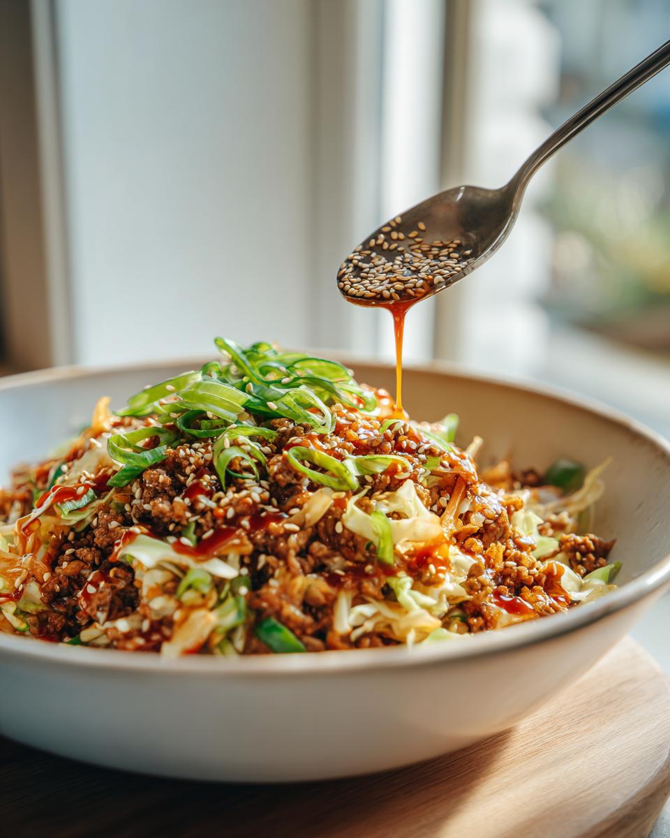 A close-up of a bowl of Egg Roll in a Bowl, topped with sesame seeds and green onions, with sauce being drizzled from a spoon.