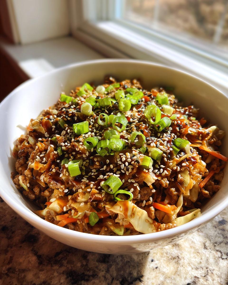 A close-up of a white bowl filled with Egg Roll in a Bowl, topped with sesame seeds and green onions.